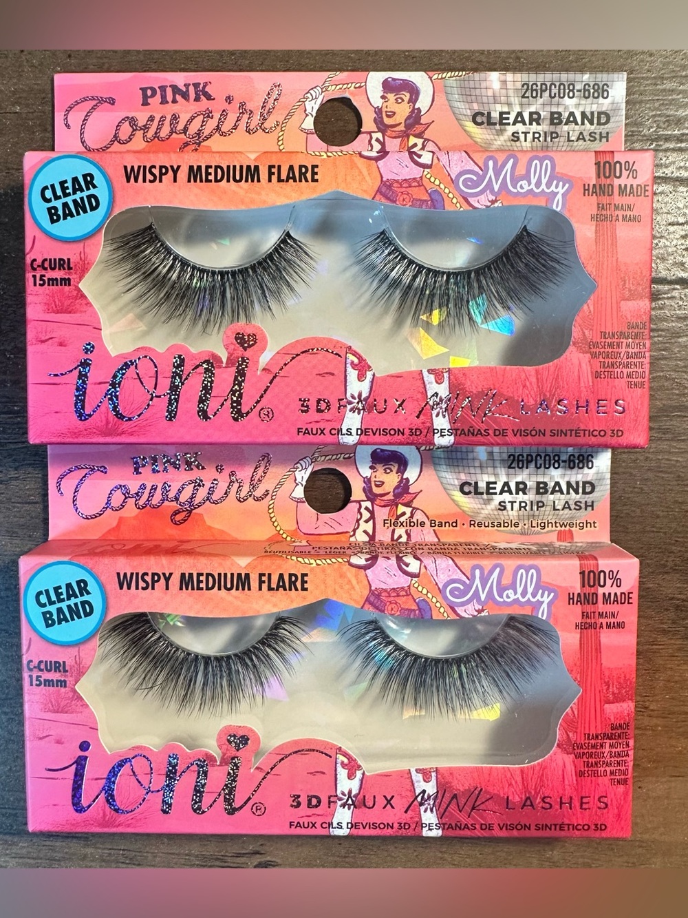 Ioni Pink Cowgirl 3D Faux Mink Lashes MOLLY~Wispy Medium Flare~Clear Band 2 Sets